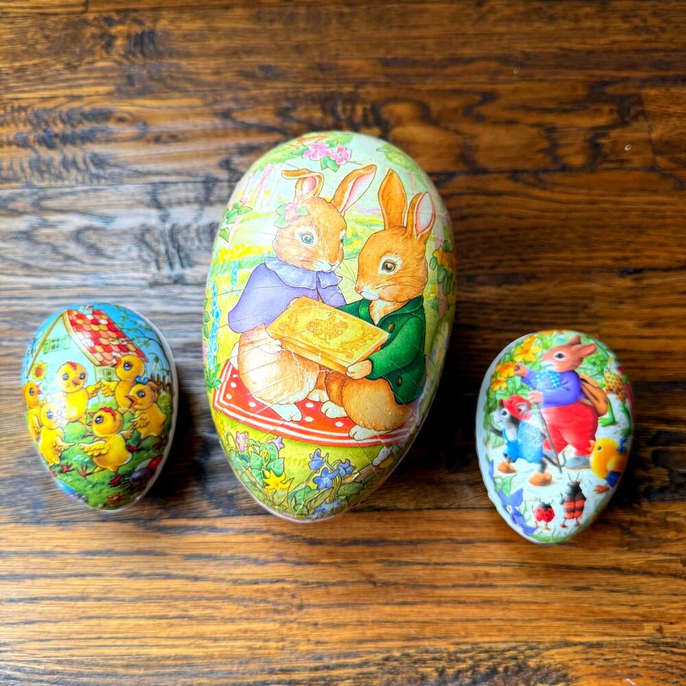 Vintage German Paper-mâché Easter Egg Candy Container Set Lithographed Nestler